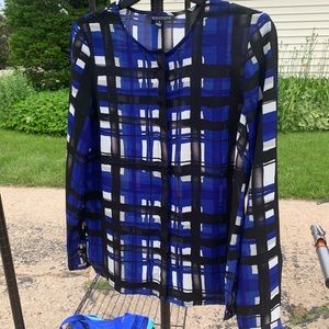 Blue, black and white patterned blouse